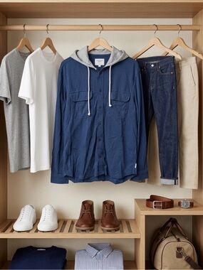 American Eagle Outfitters Navy Button-Up Hooded Shirt Jacket with Gray Hood